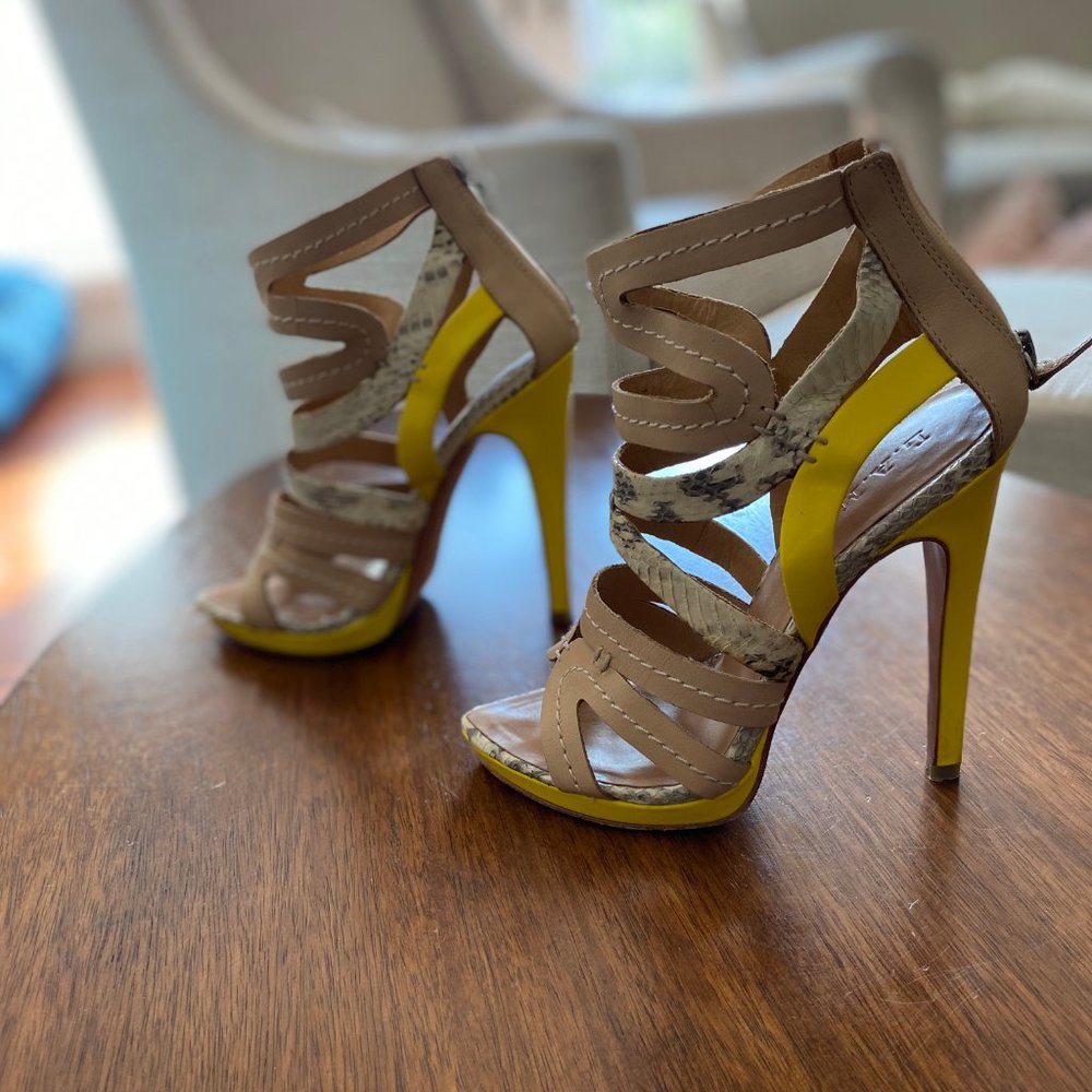 L.A.M.B. Yellow and Snakeskin Super High Heels - Picture 2 of 4